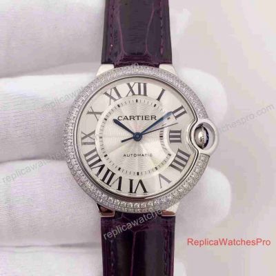 Replica Ballon Bleu De Cartier Ladies Watch Diamond Bezel Purple leather band